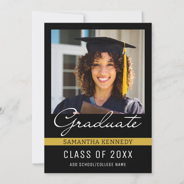 Invitación Foto de graduación moderna en negro y oro 2025 (Anverso)