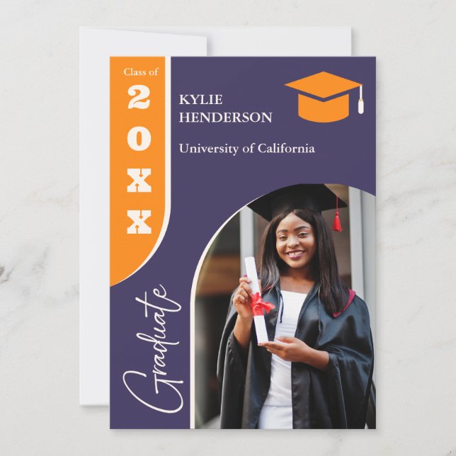 Invitación Foto de graduación moderna naranja púrpura (Anverso)