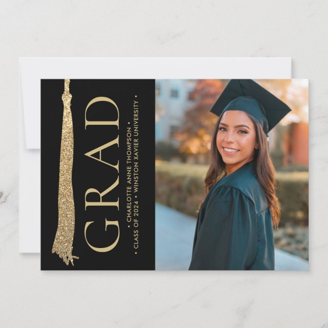 Invitación Foto de graduación moderna Oro Grado negro Tassel (Anverso)