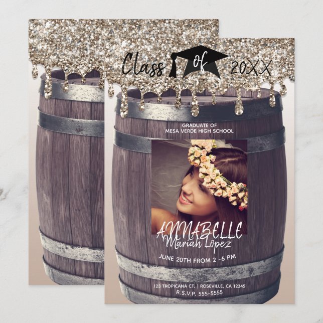 Invitación Foto de graduación moderna rústica con goteo de pu (Anverso / Reverso)