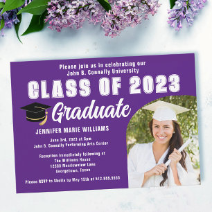 Invitación Foto de graduación morada y blanca Fiesta de gradu