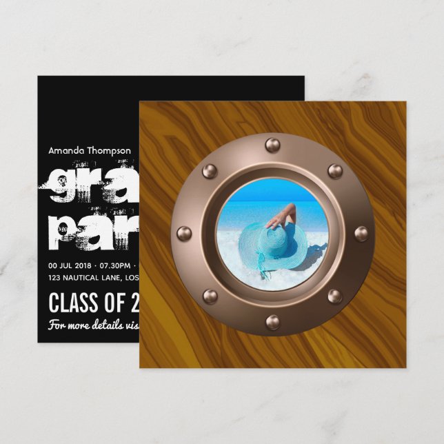 Invitación Foto de graduación náutica en negro y oro (Anverso / Reverso)