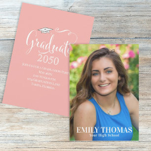 Invitación Foto de graduación Peach elegante de escritura Min