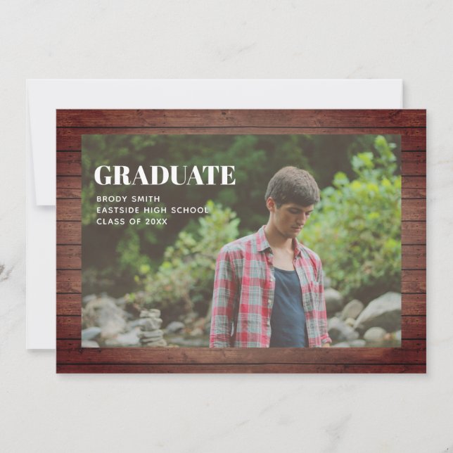 Invitación Foto de graduación Plank de Madera Rústica (Anverso)