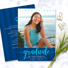 Invitación Foto de graduación rayas de navy escritura moderna