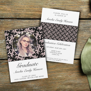Invitación Foto de graduación rosa rococó negro