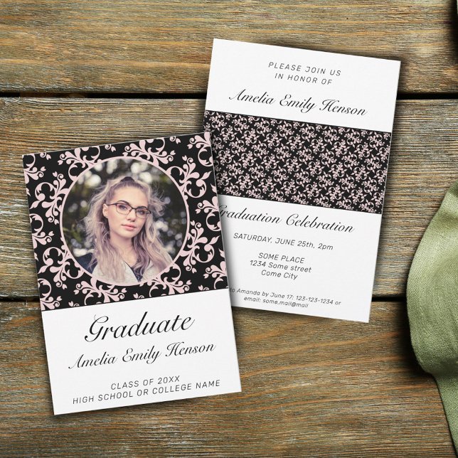 Invitación Foto de graduación rosa rococó negro (Subido por el creador)