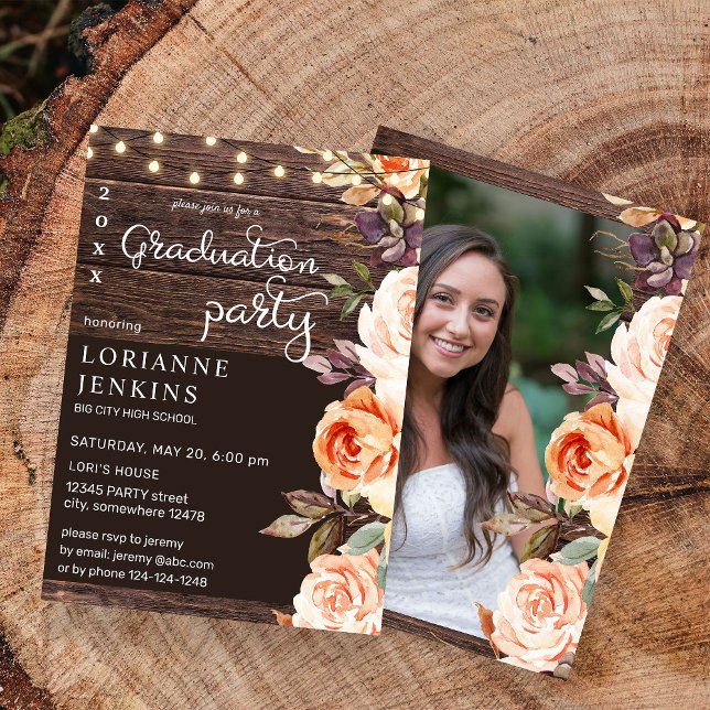Invitación Foto de graduación Rústica Floral de Rubor & Peach (Subido por el creador)