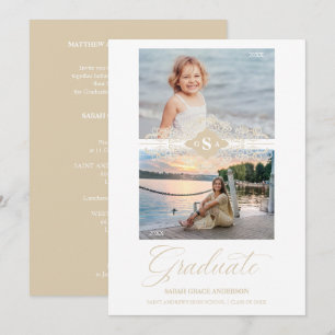 Invitación Foto de graduación Then & Now Gold Lace Flourish