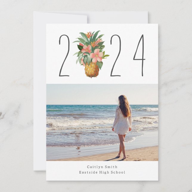 Invitación Foto de graduación tropical de piña floral (Anverso)