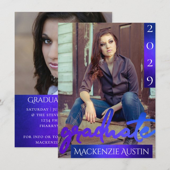 Invitación Foto de Graduado 2 | Fiesta azul verde Ombre de Si (Anverso / Reverso)