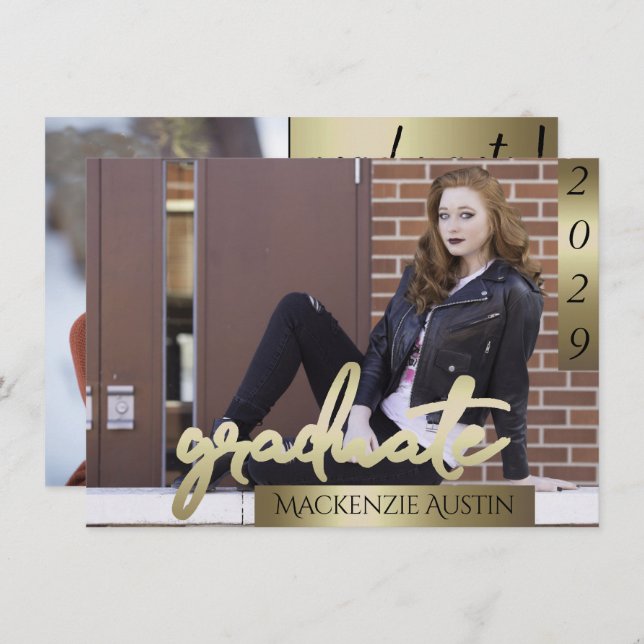 Invitación Foto de Graduado 2 | Grado elegante de guión dorad (Anverso / Reverso)