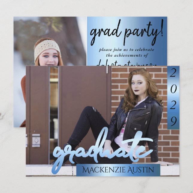 Invitación Foto de Graduado 2 | Guión azul para el pincel de  (Anverso / Reverso)