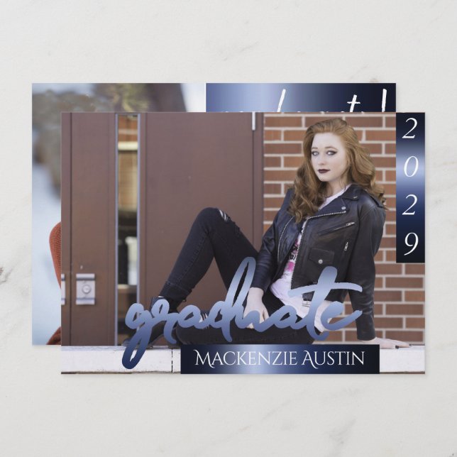 Invitación Foto de Graduado 2 | Guión de la marina Tejido azu (Anverso / Reverso)