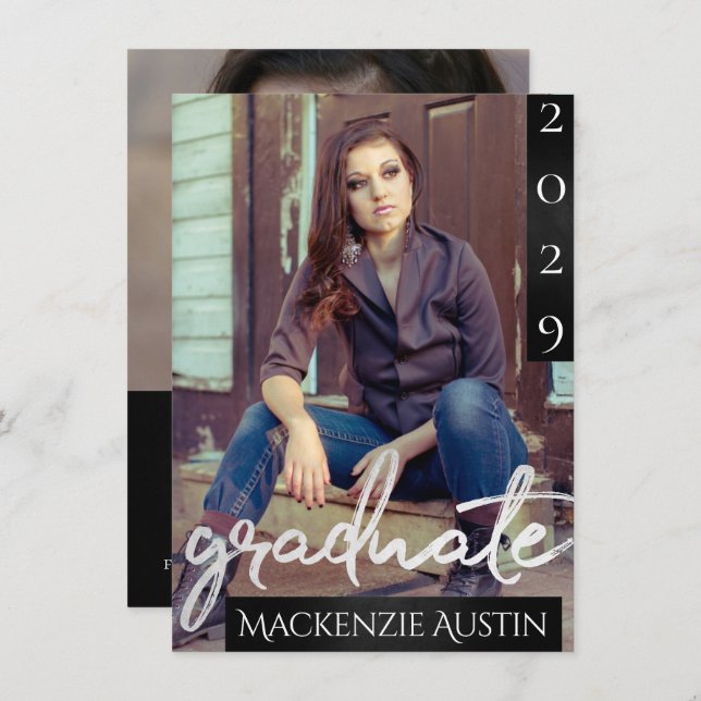 Invitación Foto de Graduado 2 | Moda Script Simple Keepsake (Anverso / Reverso)