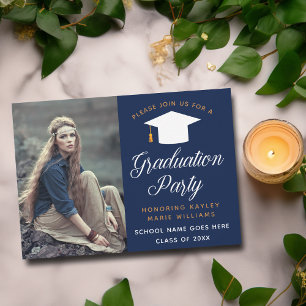 Invitación Foto de Graduado Azul Marino Elegante Fiesta de Gr