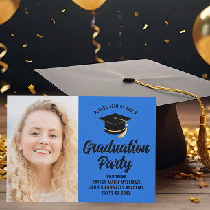 Invitación Foto de Graduado Azul Negro Fiesta de Graduación 2