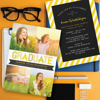 Invitación Foto de Graduado con Cinta Amarilla Fiesta de Grad