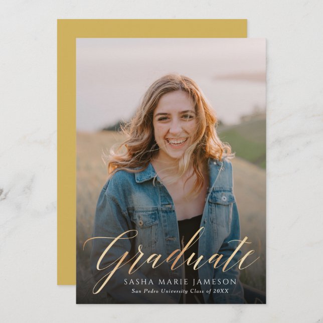 Invitación Foto de graduado de caligrafía de oro de Faux (Anverso / Reverso)