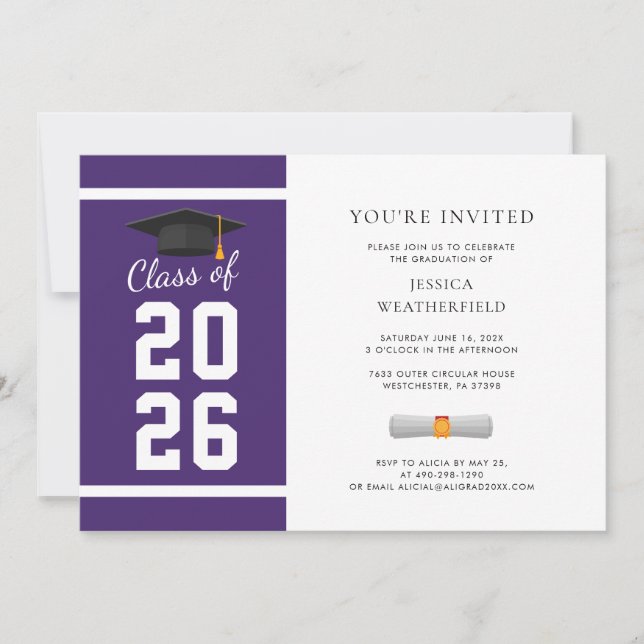 Invitación Foto de Graduado de Morado y Blanco Fiesta de Grad (Anverso)