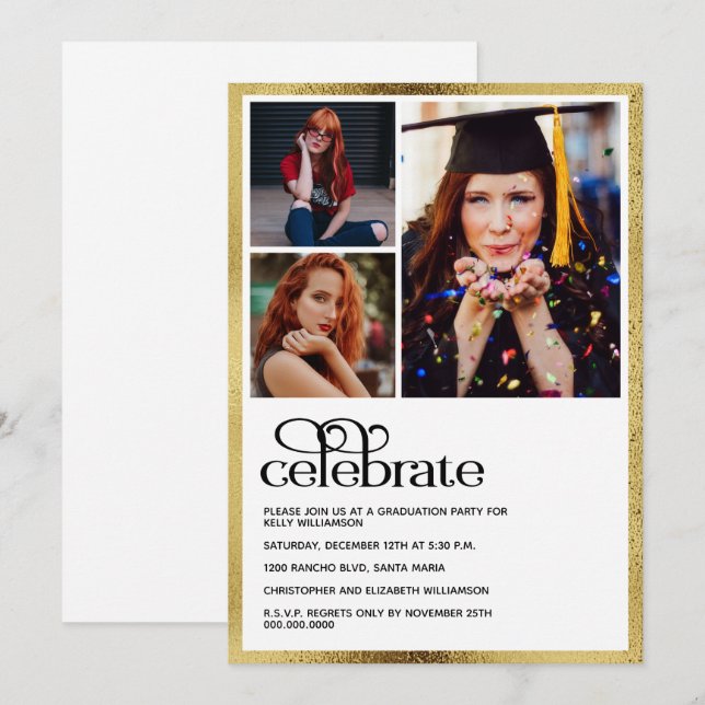 Invitación Foto de graduado de Oro de Graduación (Anverso / Reverso)