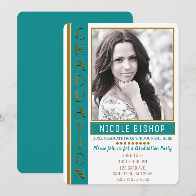 Invitación Foto de graduado del Partido de Graduación de Oro  (Anverso / Reverso)
