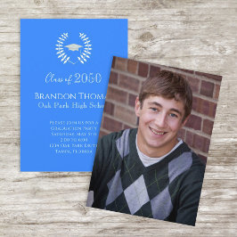 Invitación Foto de graduado Elegante Laureado Clásico Azul