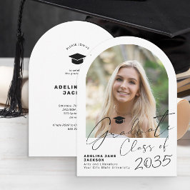 Invitación Foto de graduado en arco con guión moderno para fi