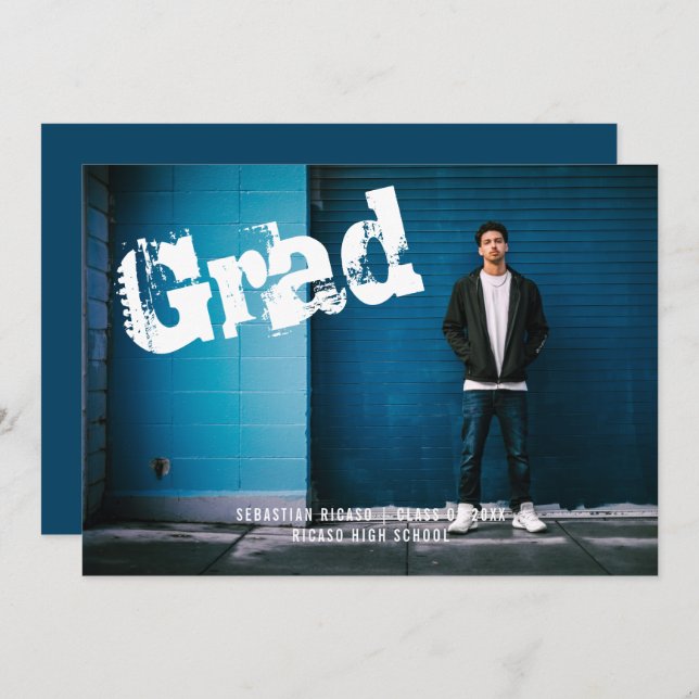 Invitación Foto de graduado Graffiti Azul personalizado (Anverso / Reverso)