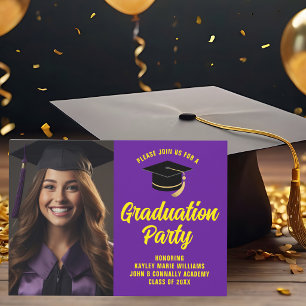 Invitación Foto de Graduado Morado Amarillo Fiesta de Graduac