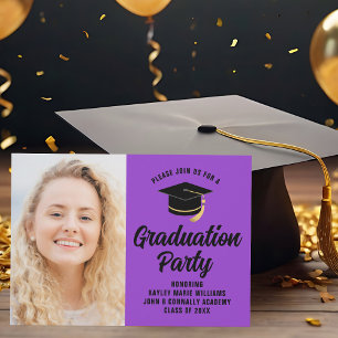 Invitación Foto de Graduado Morado Negro Fiesta de Graduación