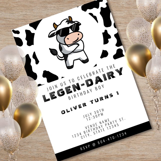 Invitación Foto de Guay Cow Imprimir Primer Cumpleaños (Cool Cow Print Photo 1st Birthday Invitation)