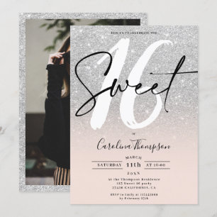 Invitación Foto de guión de purpurina plateado Sweet 16