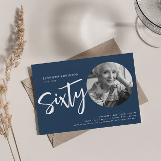 Invitación Foto de guión moderno 60 cumpleaños Marina Azul