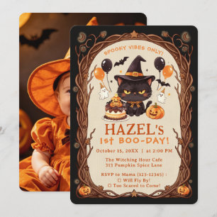 Invitación Foto de Halloween de gato negro lindo y espeluznan