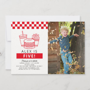 Invitación Foto de Hamburguesa con Cuadros Rojos 5º Cumpleaño
