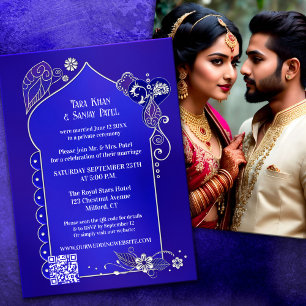 Invitación Foto de Henna Plata Azul Índigo después del Boda