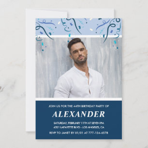 Invitación Foto de hombre azul marino moderno cumpleaños 44 