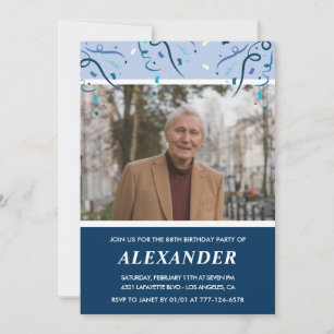 Invitación Foto de hombre azul marino moderno cumpleaños 88