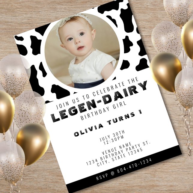 Invitación Foto de impresión en vaca de primer cumpleaños (Cow Print Photo 1st Birthday Invitation)