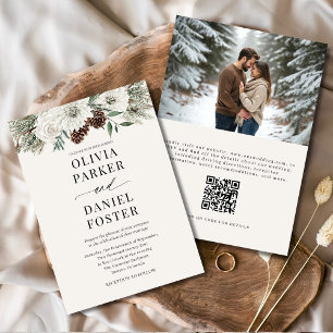 Invitación Foto de invierno Código QR Elegante Boda Evergreen