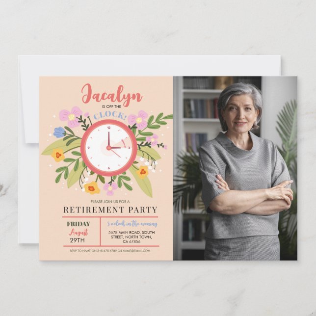 Invitación Foto de jubilación de mujeres fuera del reloj flor (Anverso)