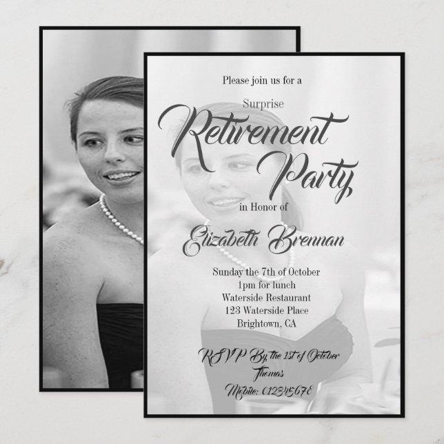 Invitación Foto de jubilación Elegante estilo negro y blanco (Anverso / Reverso)