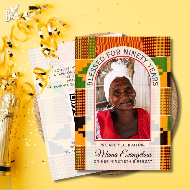 Invitación Foto de Kente BENDITO 90 CUMPLEAÑOS (BLESSED FOR NINETY YEARS ethnic kente photo design for 90th birthday celebrations)