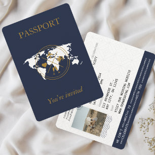 Invitación Foto de la boda de destino de Navy Blue Gold Passp