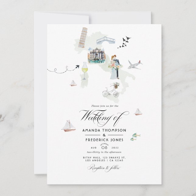 Invitación Foto de la boda de destino italiana con acuarela (Anverso)