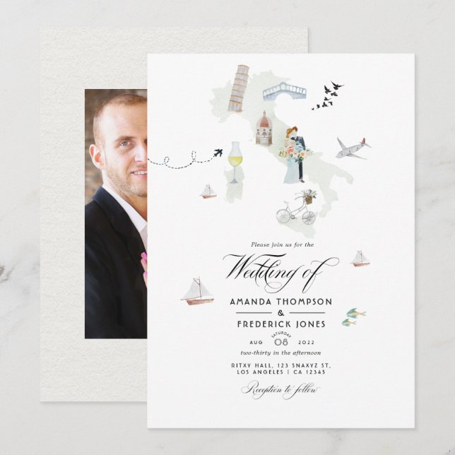 Invitación Foto de la boda de destino italiana con acuarela (Anverso / Reverso)