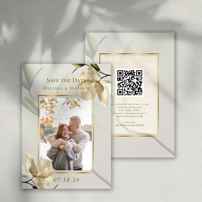 Invitación Foto de la boda de Magnolia Oriental Salven la fec (Photo Oriental Magnolia Wedding Save the Date Invitation)
