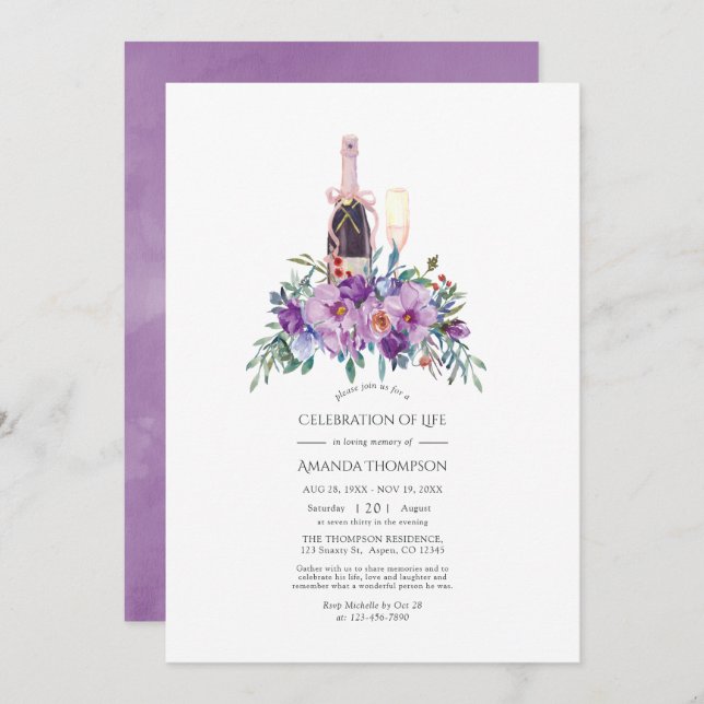 Invitación Foto de la celebración de la vida en champán morad (Anverso / Reverso)