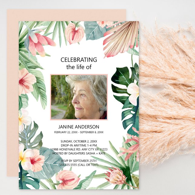 Invitación Foto de la celebración de la vida rosa floral trop (Subido por el creador)